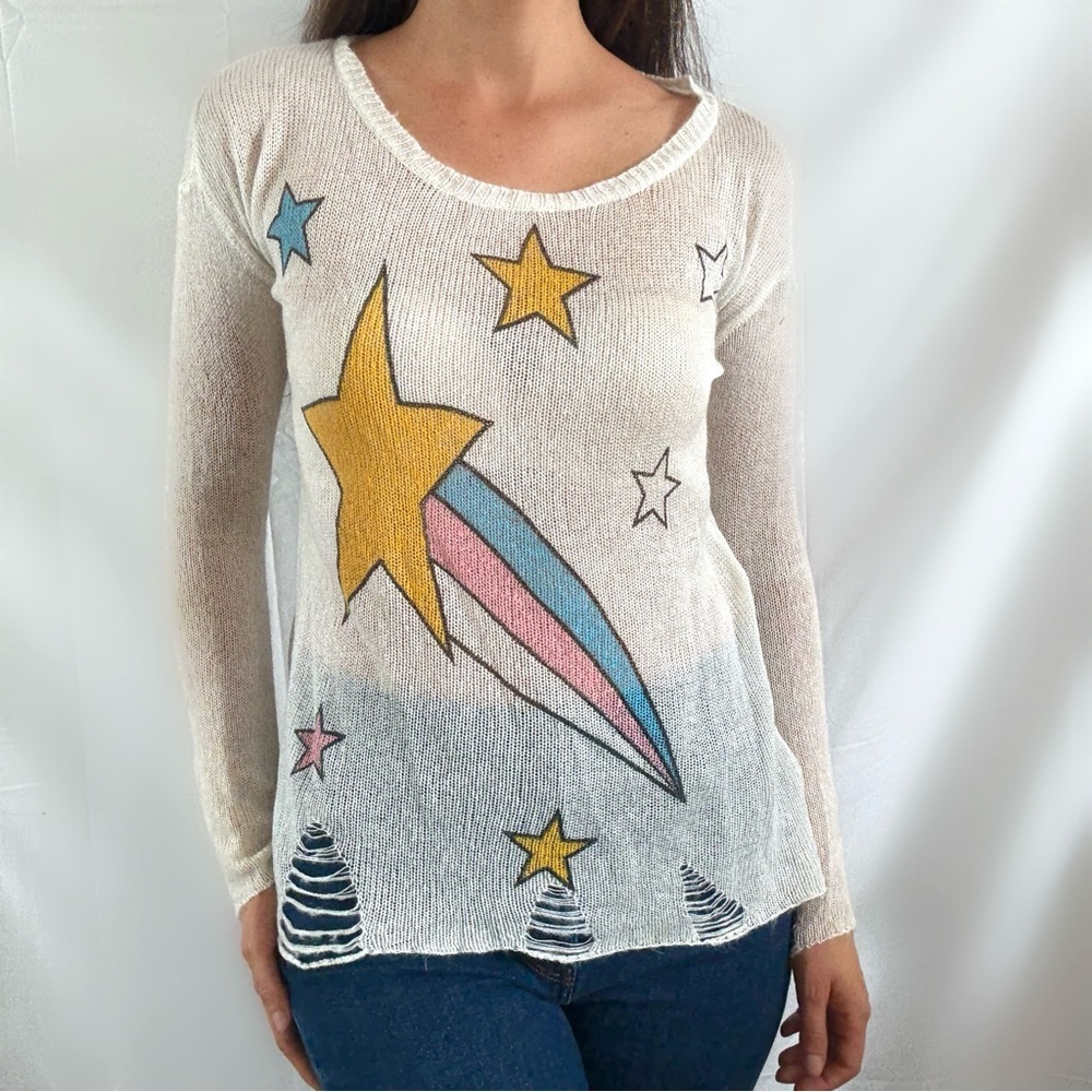 Y2K shooting star sheer gauze sweater top distressed small long sleeve pastel